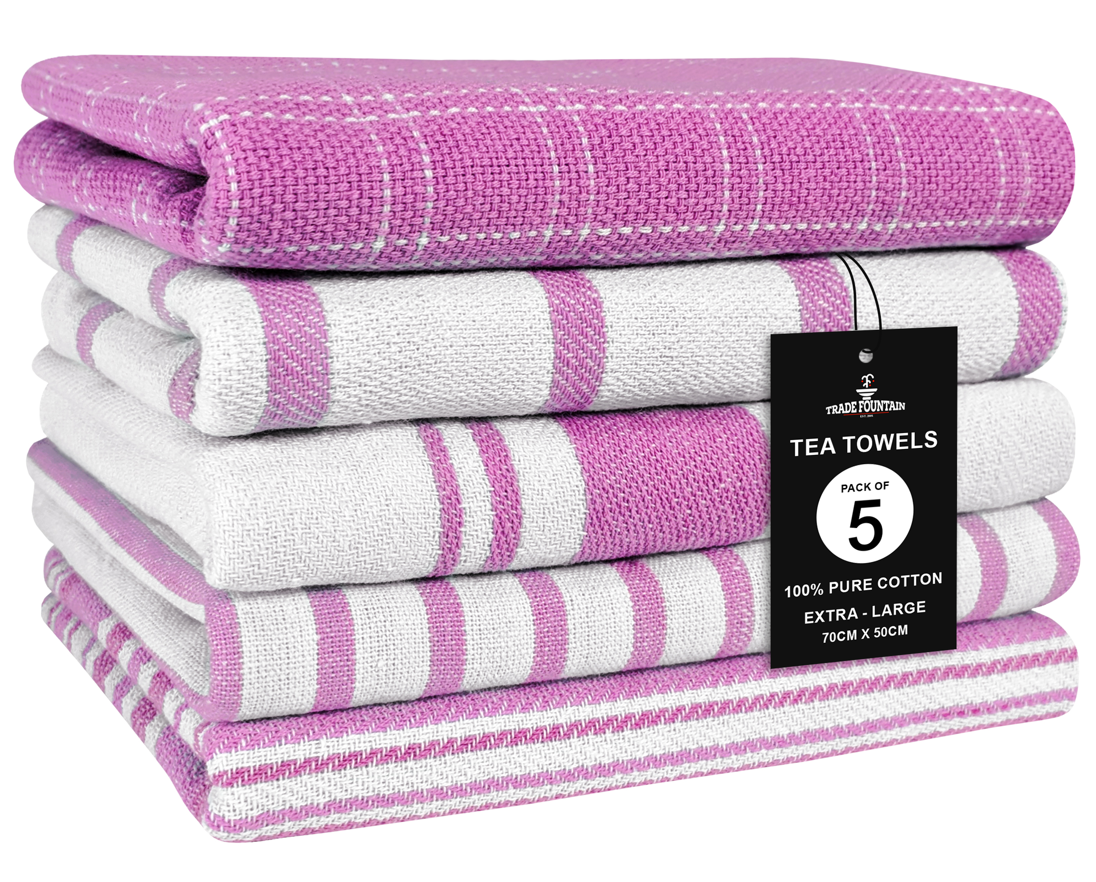 Trade Fountain Tea Towels - Pack of 5 Tea Towels for kitchen Accessories - 50 X 70 CM Kitchen Towels - Extra Absorbent Dish Cloth - Towels for Kitchen Set - Soft Hand Towels - 100% Pure Cotton (Pink) Image