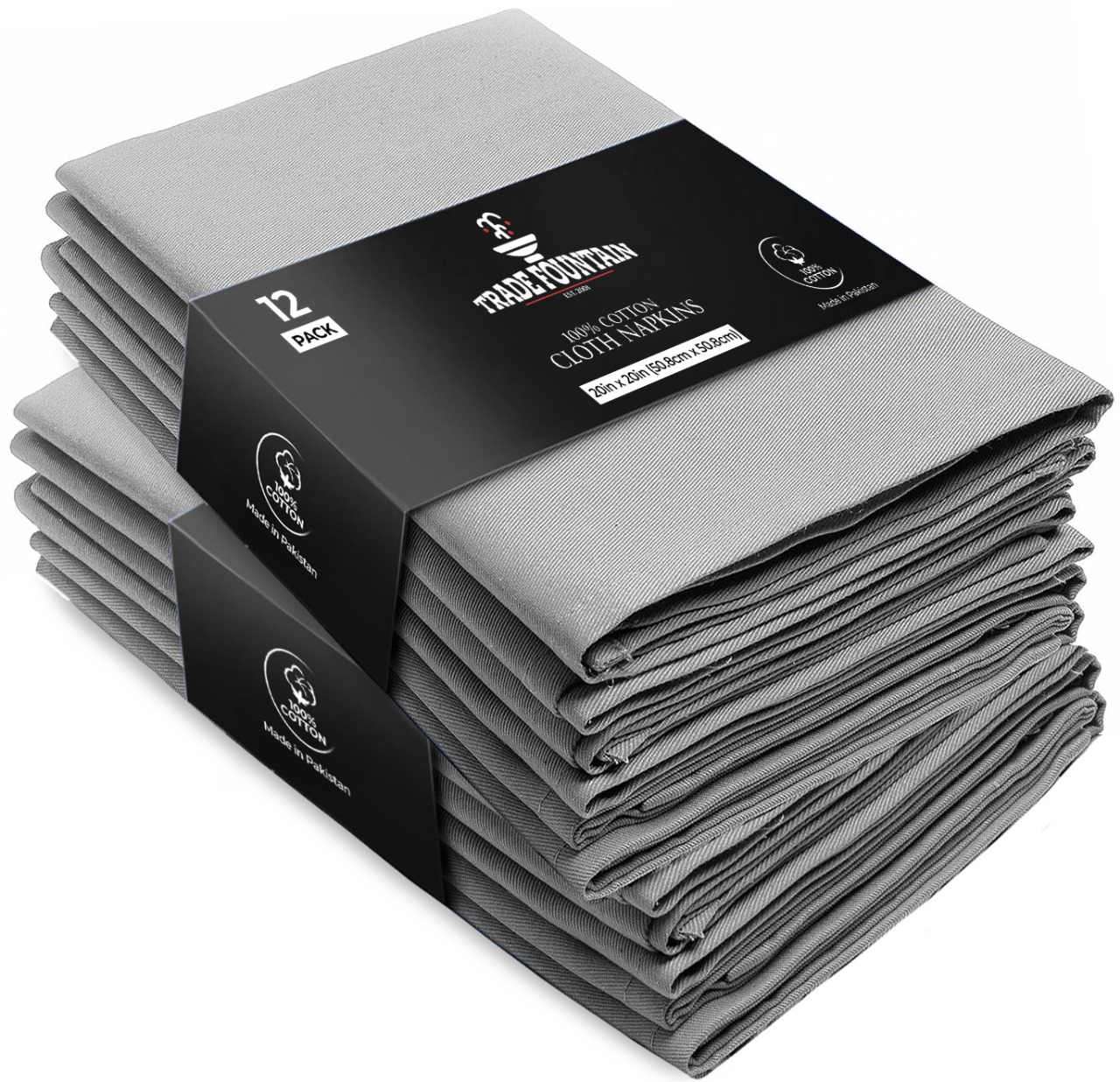 Trade Fountain Cloth Napkins Set of 12 Cotton - 51.8 x 51.8 CM Reusable Napkins - Oversized Cotton Napkins Made of Pure Cotton Fabric - Used as Dinner Napkins (Grey) Image