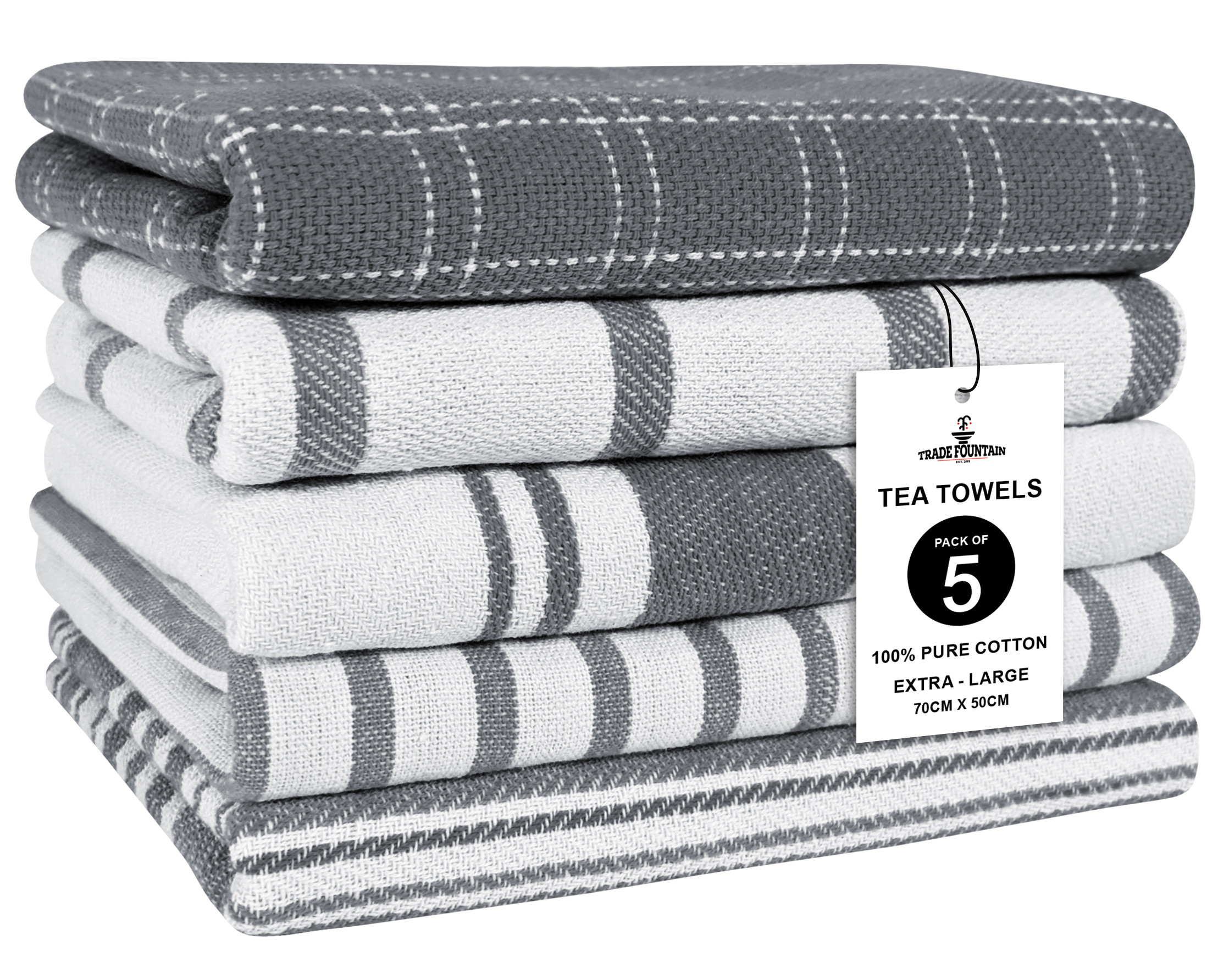 Pack of 5 Tea Towels for kitchen Accessories - 50 X 70 CM Kitchen Towels - Extra Absorbent Dish Cloth - Towels for Kitchen Set - Soft Hand Towels - 100% Pure Cotton (Grey) Image