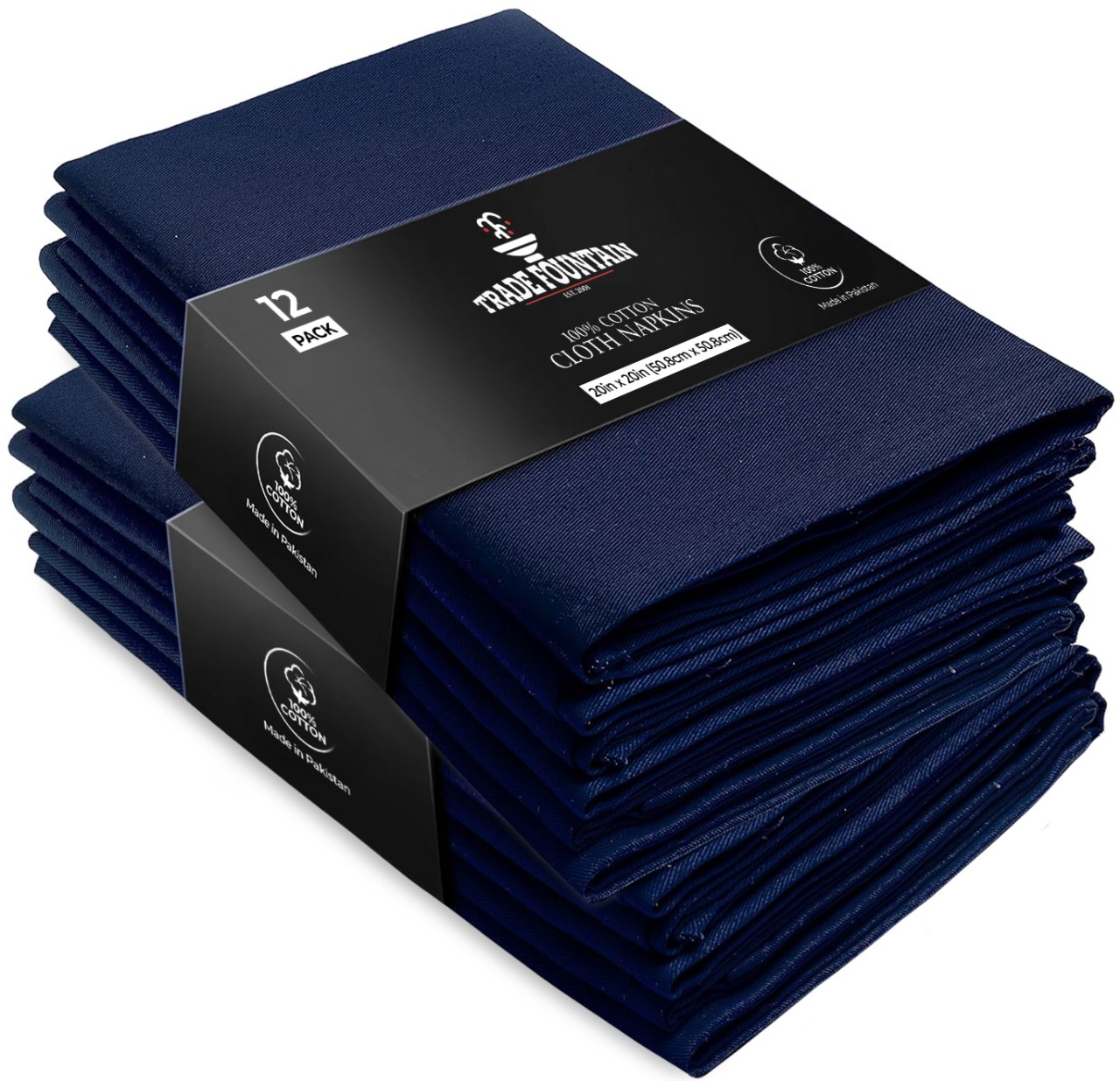 Trade Fountain Cloth Napkins Set of 12 Cotton - 51.8 x 51.8 CM Reusable Napkins - Oversized Cotton Napkins Made of Pure Cotton Fabric - Used as Dinner Napkins (Navy Blue) Image