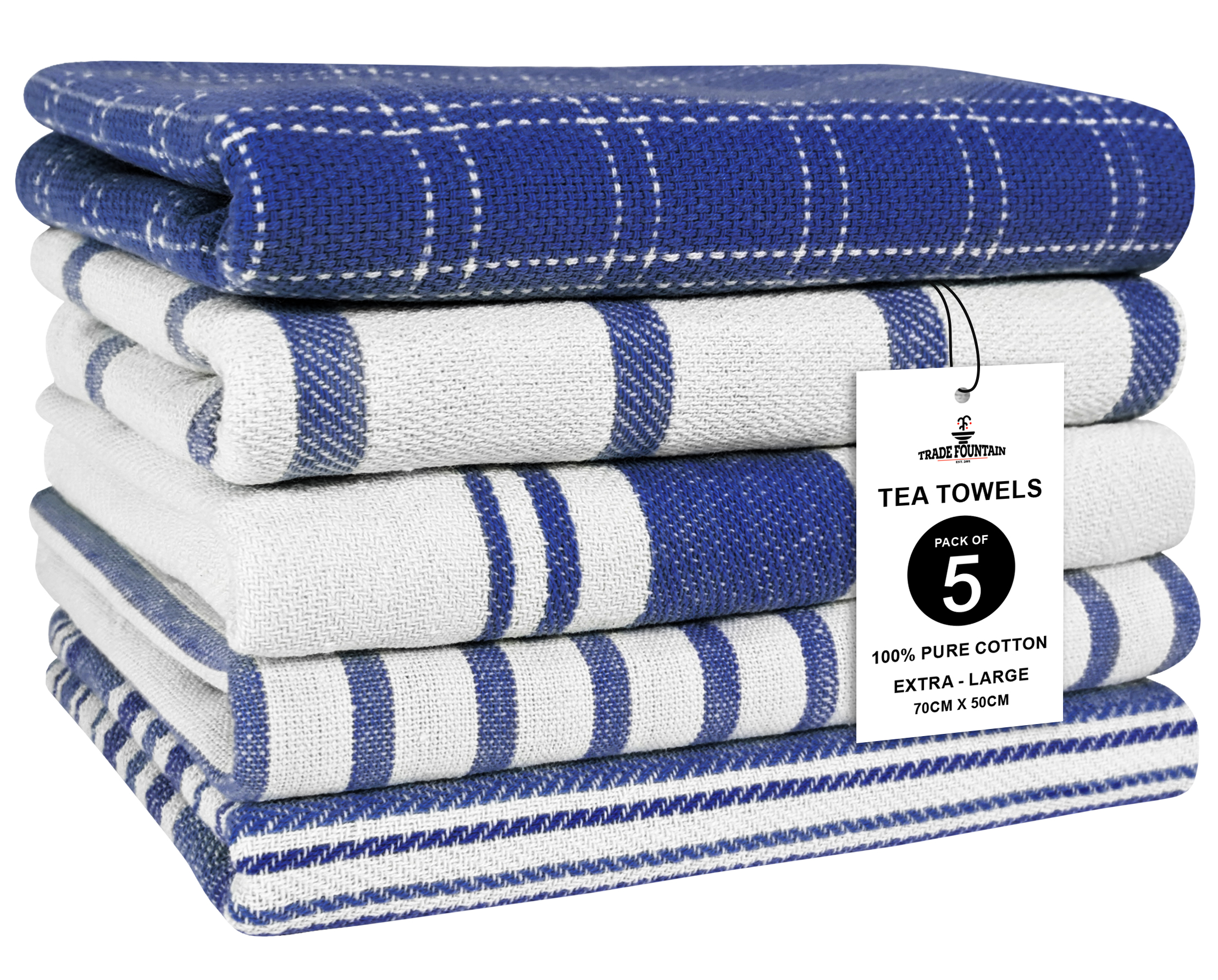 Trade Fountain Tea Towels - Pack of 5 Tea Towels for kitchen Accessories - 50 X 70 CM Kitchen Towels - Extra Absorbent Dish Cloth - Towels for Kitchen Set - Soft Hand Towels - 100% Pure Cotton (Blue) Image