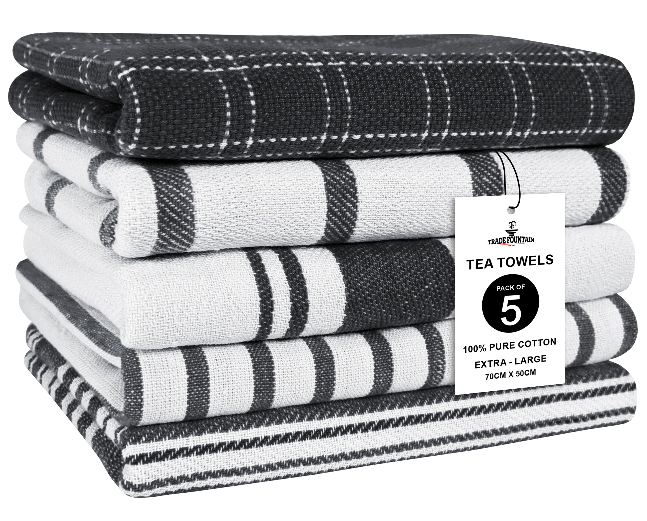 Trade Fountain Tea Towels - Pack of 5 Tea Towels for kitchen Accessories - 50 X 70 CM Kitchen Towels - Extra Absorbent Dish Cloth - Towels for Kitchen Set - Soft Hand Towels - 100% Pure Cotton (Black) Image