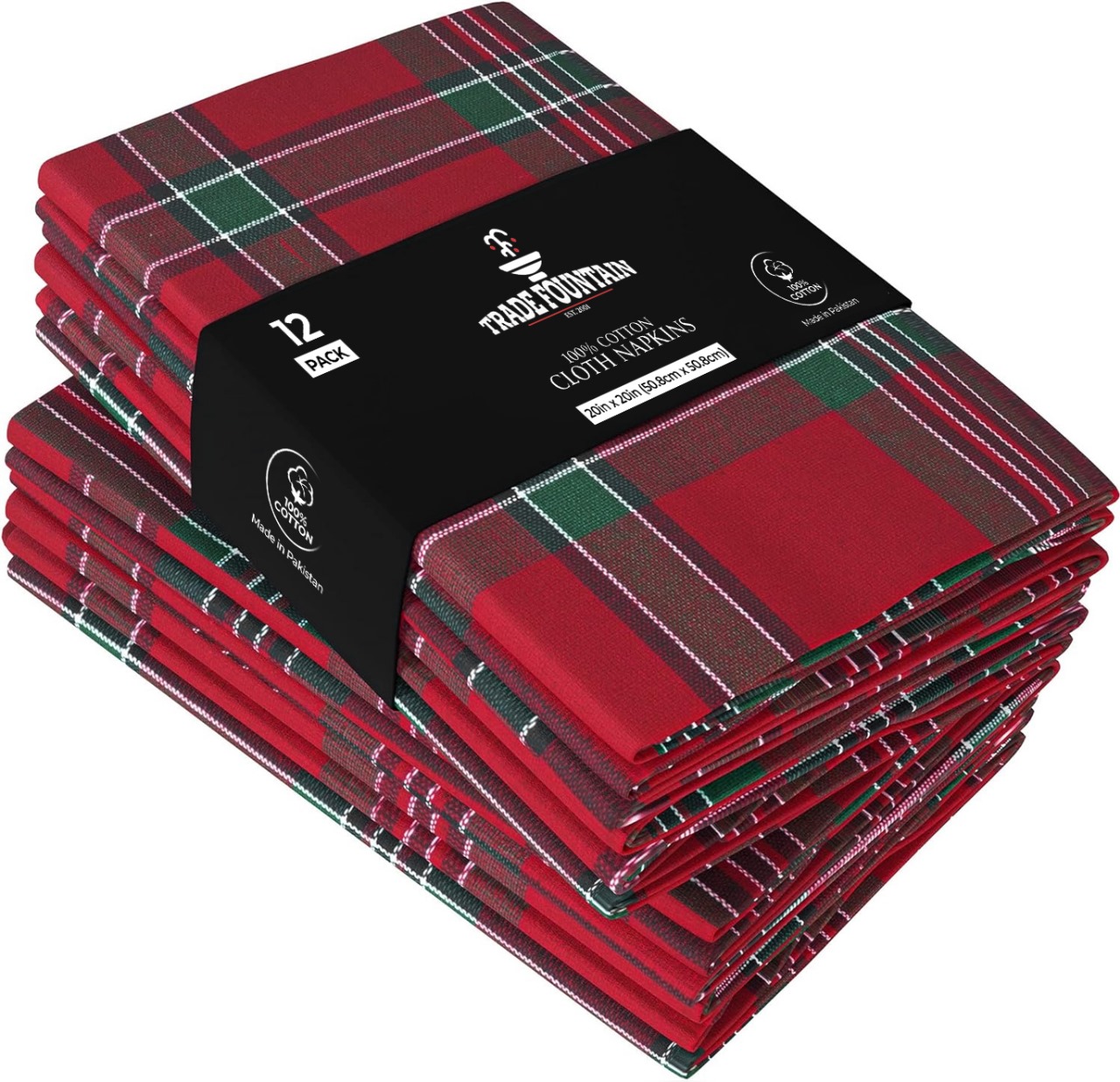 Trade Fountain Cloth Napkins Set of 12 Cotton - 51 x 51 cm Christmas Napkins - Oversized Cotton Napkins Made of Pure Cotton Fabric - Stylish Dinner Napkins (Plaid) Image