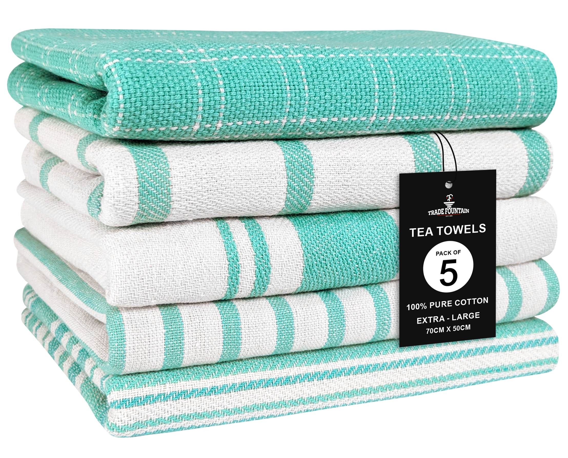 Trade Fountain Tea Towels - 46 X 71 cm Tea Towel Pack of 5 - Durable & Super Absorbent Dish Cloths - Stylish Design Dish Cloth & Towels - 100% Cotton Kitchen Towel (Aqua) Image