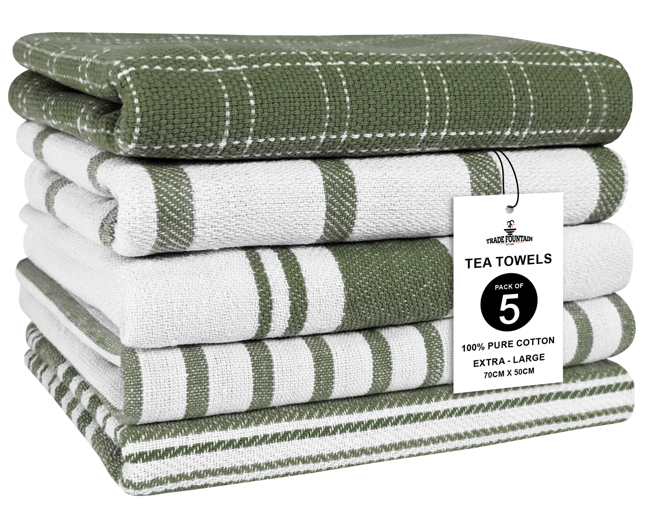 Trade Fountain Tea Towels - Pack of 5 Tea Towels for kitchen Accessories - 50 X 70 CM Kitchen Towels - Extra Absorbent Dish Cloth - Towels for Kitchen Set - Hand Towels - 100% Pure Cotton Olive Image