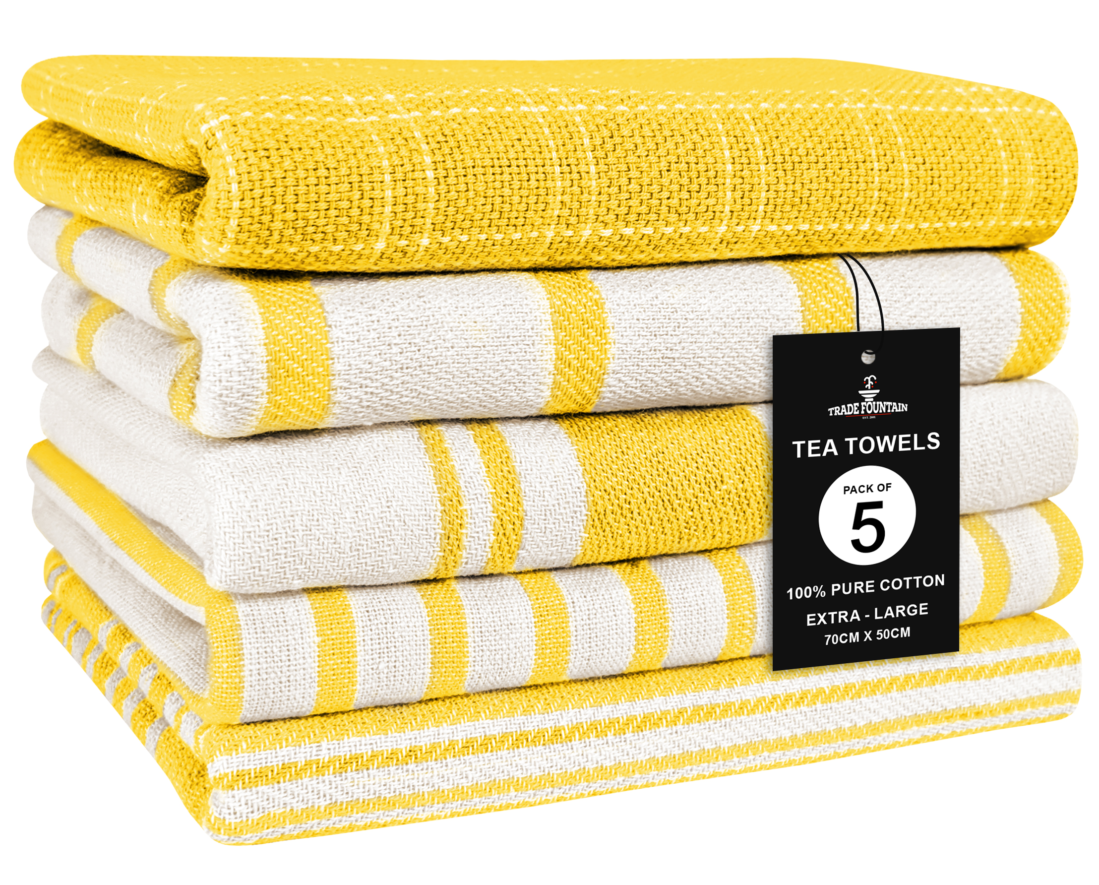 Trade Fountain Tea Towels - Pack of 5 Tea Towels for kitchen Accessories - 50 X 70 CM Kitchen Towels - Extra Absorbent Dish Cloth - Towels for Kitchen Set - Soft Hand Towels - 100% Pure Cotton (Yellow) Image
