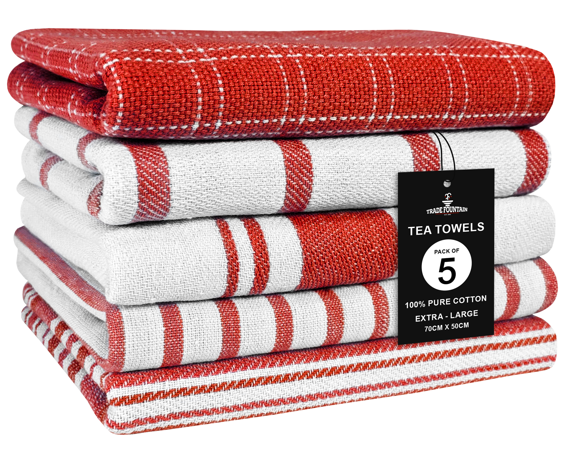 Trade Fountain Tea Towels - Pack of 5 Tea Towels for kitchen Accessories - 50 X 70 CM Kitchen Towels - Extra Absorbent Dish Cloth - Towels for Kitchen Set - Soft Hand Towels - 100% Pure Cotton (Red) Image