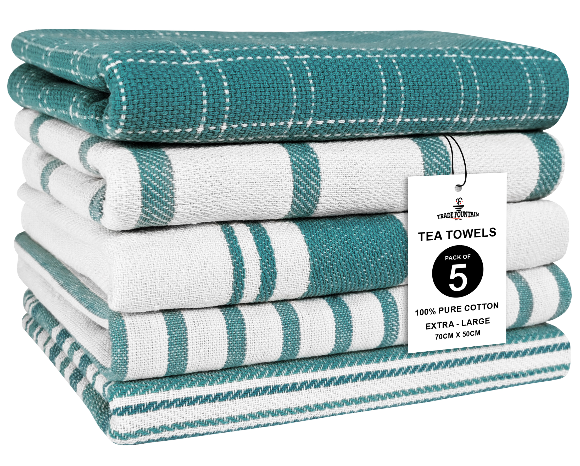 Trade Fountain Tea Towels - Pack of 5 Tea Towels for kitchen Accessories - 50 X 70 CM Kitchen Towels - Extra Absorbent Dish Cloth - Towels for Kitchen Set - Soft Hand Towels - 100% Pure Cotton (Teal) Image